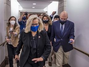 Congressional representative Liz Cheney, a Republican from Wyoming, heads to the House floor to vote at the U.S. Capitol on February 03, 2021 in Washington, DC. Cheney was one of 10 House Republicans who voted to impeach former President Donald Trump for inciting the insurrection at the U.S. Capitol.