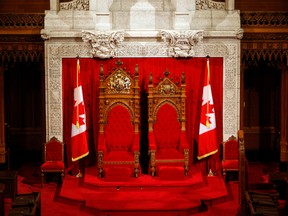 The throne and chair in the Senate chamber on Parliament Hill are used by the Queen and her consort, or the governor general and his or her spouse, during the opening of Parliament.
