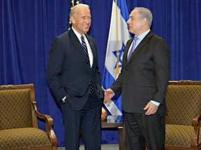 Then-U.S. vice-president Joe Biden, left, meets with Israeli Prime Minister Benjamin Netanyahu in 2010.