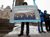 Protesters gather outside the parliament buildings in Ottawa, Monday, February 22, 2021 before a vote to recognize China's actions against ethnic Muslim Uighurs as genocide passed unanimously.