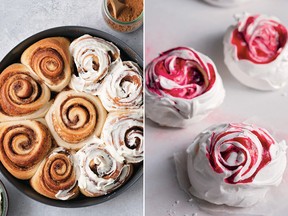 Sourdough cinnamon rolls, left, and berry swirl meringue clouds from Baked to Order