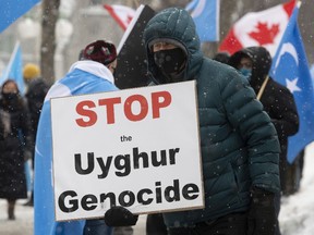 Protesters gather outside the Parliament buildings in Ottawa, Monday, February 22, 2021. Parliament voted on an opposition motion calling on Canada to recognize China's actions against ethnic Muslim Uyghurs as genocide.