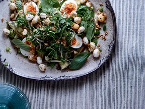 Spicy eggplant salad with peanuts, herbs, eggs and jaggery fox nuts from Jikoni