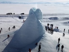 A 45-ft ice volcano has become a popular tourist attraction in Kazakhstan.