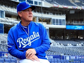 Ned Yost #3 of the Kansas City Royals looks on prior to Game Three of the American League Division Series against the Los Angeles Angels at Kauffman Stadium on October 5, 2014 in Kansas City, Missouri.