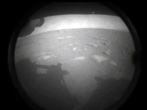 This NASA photo shows the first images from NASAs Perseverance rover as it landed on the surface of Mars on February 18, 2021.
