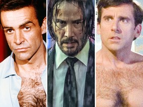 Left-to-right: Sean Connery as James Bond, Keanu Reeves as John Wick and Steve Carell as Andy in The 40-Year-Old Virgin.