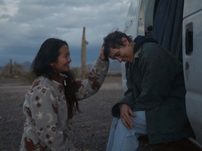 Director Chloe Zhao (left) and actress Frances McDormand filming Nomadland.
