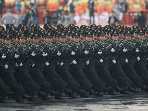 Soldiers of the People's Liberation Army rehearse a military parade on Oct. 01, 2019 in Tiananmen Square, Beijing.