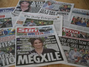 In this photo illustration - a selection of British newspaper publications in response to the Meghan, Duchess of Sussex and Prince Harry, Duke of Sussex's interview with Oprah Winfrey on March 08, 2021 in London, England.