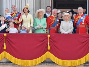 The Royal Family on the balcony of Buckingham Palace to watch a fly-past of aircraft by the Royal Air Force, in London on June 8, 2019.