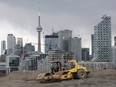 Construction equipment is parked on an Eastern Waterfront work site in Toronto