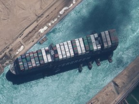 A view shows Ever Given container ship in Suez Canal in this Maxar Technologies satellite image taken on March 29, 2021.