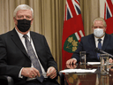 Retired General Rick Hillier, chair of the COVID-19 Vaccine Distribution Task Force, left, and Ontario Premier Doug Ford at Queens Park on Friday February 26, 2021.