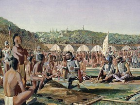 A depiction of Jacques Cartier visiting the village of Hochelaga.