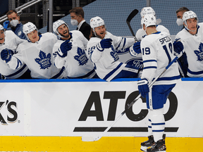The Toronto Maple Leafs celebrate a second period goal by forward Jason Spezza against the Edmonton Oilers on February 27.