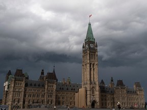 Storm clouds pass by the Peace Tower and Parliament Hill on Aug. 18, 2020, in Ottawa.