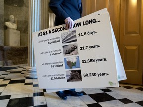 Senator Ron Johnson, a Republican from Wisconsin, carries signs from the Senate Chamber at the U.S. Capitol on Wednesday, March 3, 2021.