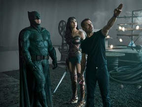 Is it a bird? Ben Affleck and Gal Gadot with director Zack Snyder on the set of Justice League.