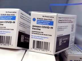 Johnson and Johnson's  COVID-19 Vaccine is stored for use with United Airlines employees at United's onsite clinic at O'Hare International Airport on March 9, 2021 in Chicago, Illinois.
