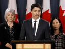 Health Minister Patty Hajdu, Prime Minister Justin Trudeau and Chief Public Health Officer Dr. Theresa Tam on March 11, 2020.  