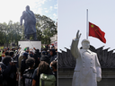Left: People protest against a statue of Winston Churchill in London on June 21, 2020. Right: A statue of Mao Zedong is seen in Wuhan, China, on April 4, 2020.
