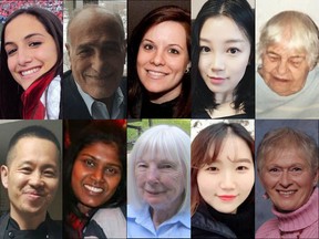 Top row, left to right: Anne Marie D'Amico, 30, Munir Najjar, 85, Andrea Bradden, 33, Sohe Chung, 22, Betty Forsyth, 94. Bottom row, left to right: Eddie Kang, 45, Renuka Amarasingha, 45, Geraldine Brady, 83, Ji Hun Kim, 22, Dorothy Sewell, 80.