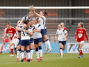 Tottenham Hotspur celebrates a goal against Bristol City on March 21. Because of the Women's Super League, a young girl just starting to show a talent for soccer, even one who lives in Canada, now has a real chance at having a truly professional career.
