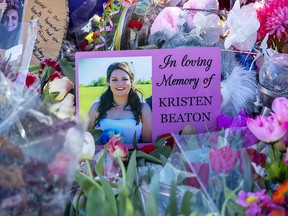 A photo of Kristen Beaton is displayed at a memorial in Debert, N.S. on Sunday, April 26, 2020. The VON care worker was shot and killed when she stopped along the road.