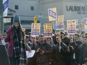 November 24 2017 - Wilfrid Laurier teaching assistant Lindsay Shepherd finishes speaking at a rally in support of academic freedom near the University in Waterloo, Ontario, November 24, 2017.