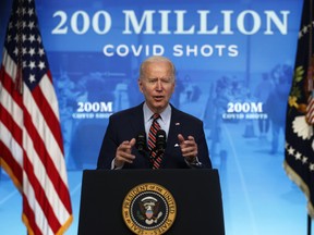 U.S. President Joe Biden delivers remarks on the COVID-19 response and the state of vaccinations, in the Eisenhower Executive Office Building in Washington, D.C., on April 21.