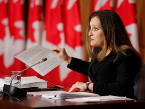 Canada's Finance Minister Chrystia Freeland speaks during a press conference on Parliament Hill in Ottawa, Ontario, Canada, April 19, 2021.
