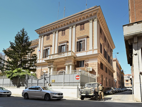 Italian military corps patrol in front of the Russian Embassy in central Rome on March 31, 2021.