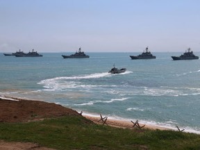 Russian naval forces take part in a military drill along the Opuk training ground on the Kerch Peninsula in the east of the Crimea, on April 22.