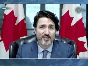 Justin Trudeau, Canada's prime minister, speaks during the virtual Leaders Summit on Climate in a video screenshot on Thursday, April 22, 2021.