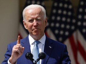 U.S. President Joe Biden speaks in the Rose Garden of the White House in Washington, on Thursday, April 8, 2021.