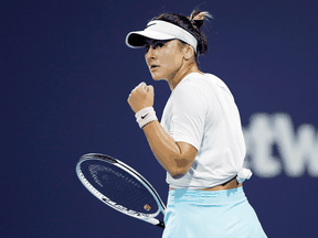 Bianca Andreescu celebrates a point during her quarterfinal match against Sara Sorribes Tormo of Spain at the Miami Open on March 31, 2021 in Miami Gardens, Florida.