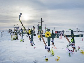 A memorial to the Humboldt Broncos  stands on January 30, 2019, at the crash site near Tisdale, Saskatchewan.