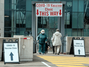 People at the University of Toronto Mississauga campus to receive a COVID-19 vaccine on Tuesday, April 6, 2021.