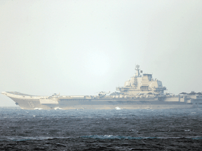 Chinese aircraft carrier Liaoning sails through the Miyako Strait between Japan and Taiwan on its way to the Pacific in a photo released on April 4, 2021.