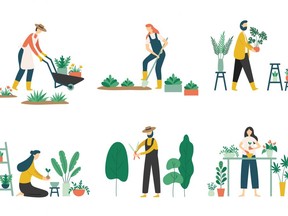 People gardening. Woman planting gardens flowers, agriculture gardener hobby and garden job. Gardening person, gardener flowers cutter working. Flat vector illustration isolated icons set