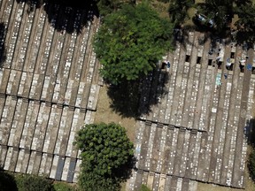 Aerial view of gravediggers wearing protective suits as they perform exhumations to open space on cement graves in Sao Paulo, Brazil on April 1.