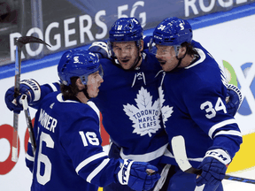 Auston Matthews, right, and Mitch Marner, left, are the kind of combination punch — two extreme offensive talents in peak form and at the meaty part of their careers — that the Leafs haven't seen in many decades.