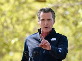 California Governor Gavin Newsom speaks during a visit by U.S. First Lady Jill Biden, at The Forty Acres, the first headquarters of the United Farm Workers labour union, in Delano, California, U.S. March 31, 2021.