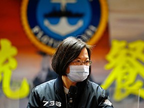 Taiwanese President Tsai Ing-wen speaks during a navy fleet inspection in Keelung on March 8, 2021.