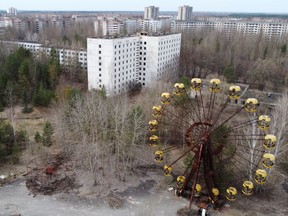 A drone-view of the abandoned city of Pripyat .