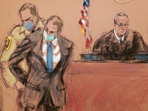 Former Minneapolis police officer Derek Chauvin, centre, is placed in handcuffs, after a jury found him guilty on all counts in his trial for second-degree murder, third-degree murder and second-degree manslaughter in the death of George Floyd in Minneapolis, on April 20, in this courtroom sketch.
