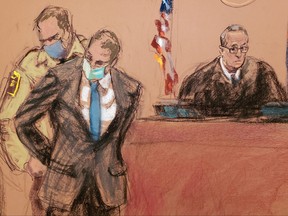 Former Minneapolis police officer Derek Chauvin is placed in handcuffs, watched by Hennepin County District Judge Peter Cahill, after a jury found him guilty on all counts in his trial for second-degree murder, third-degree murder and second-degree manslaughter in the death of George Floyd in Minneapolis, Minnesota, in this courtroom sketch.