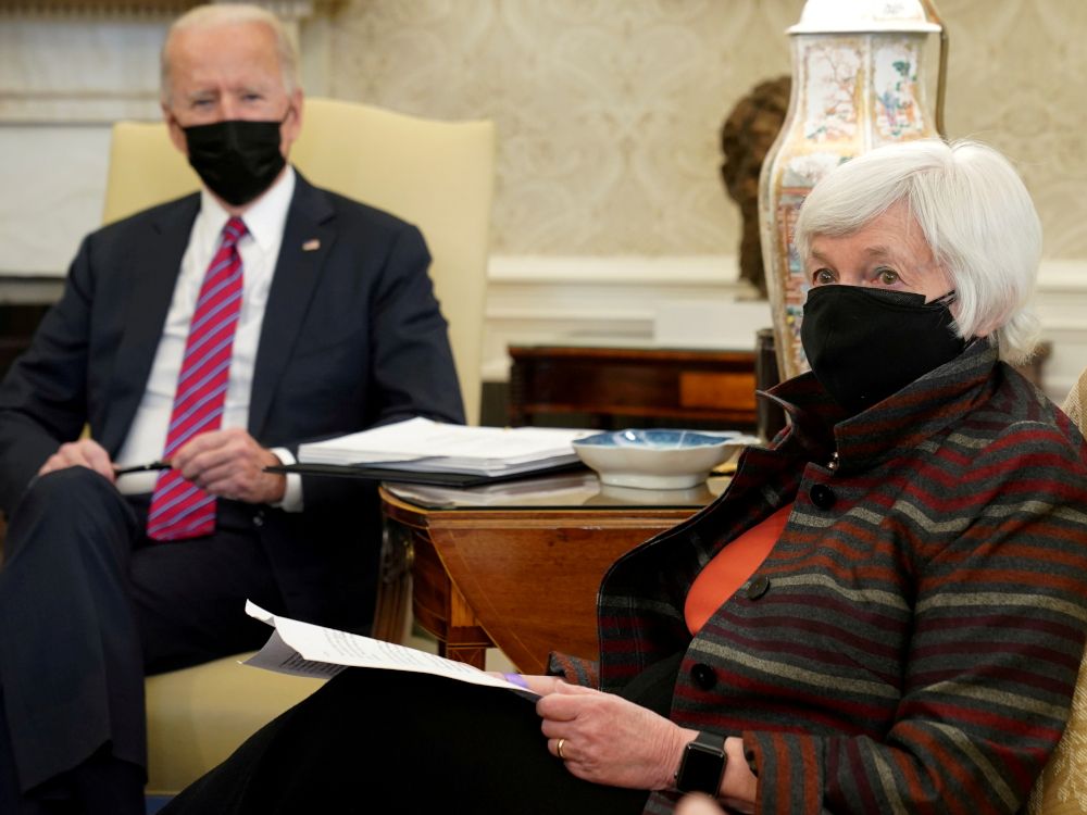US President Joe Biden, left, meets with Treasury Secretary Janet Yellen in the Oval Office at the White House in Washington, DC, on Jan.  29.