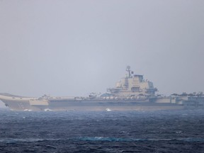 Chinese aircraft carrier Liaoning sails through the Miyako Strait near Okinawa on its way to the Pacific in this photo taken by Japan Self-Defense Forces and released by the Joint Staff Office of the Defense Ministry of Japan on April 4, 2021.